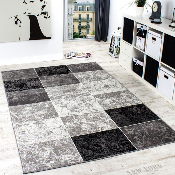 PACO HOME Tappeto moderno Quadri Effetto Marmo Grigio Nero Bianco