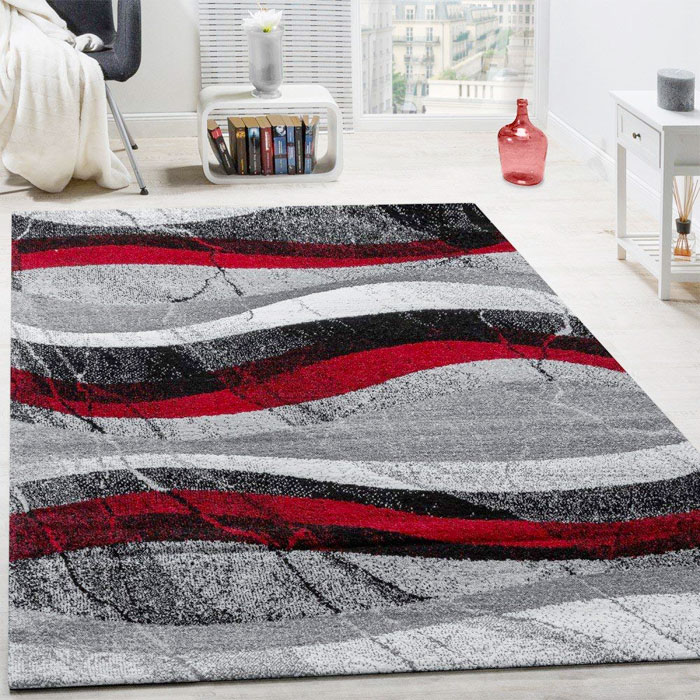 PACO HOME Tappeto Moderno Onde Astratto Grigio Nero Rosso