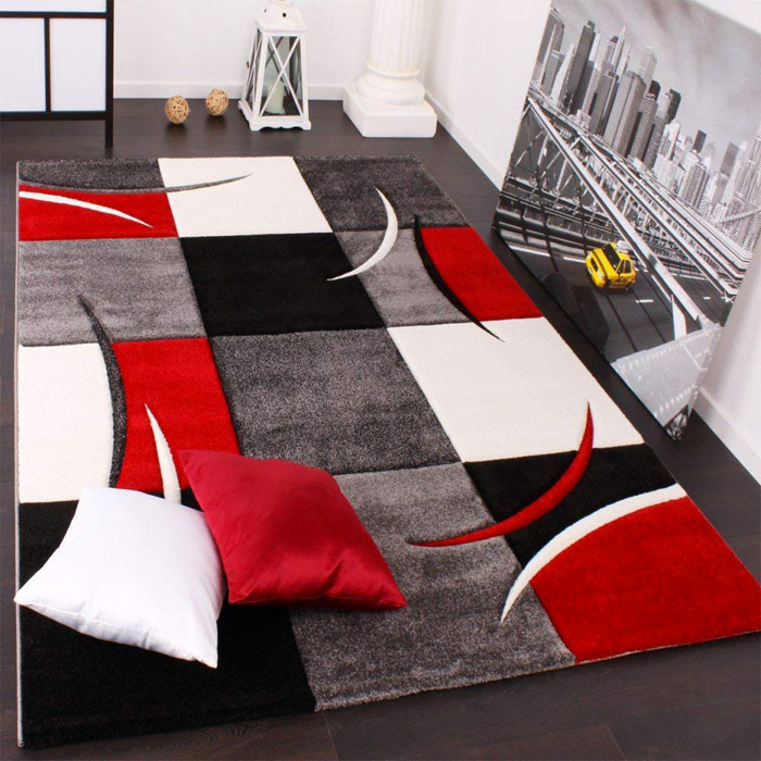 PACO HOME Tappeto Moderno a Quadri Bianco Rosso Grigio e Nero