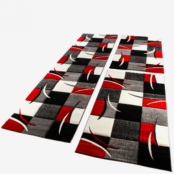 PACO HOME Tappeto Scendiletto a Quadri Rosso Grigio Nero Bianco Set 3 pz.