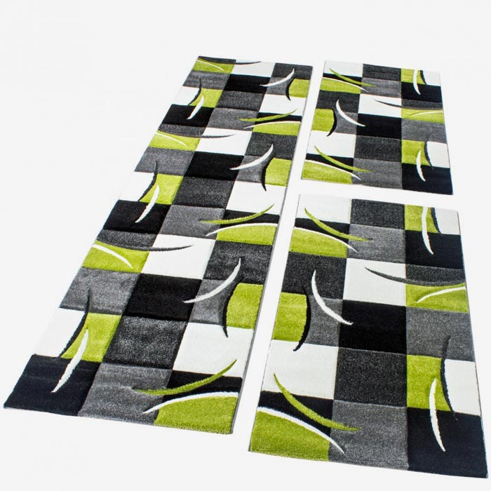 PACO HOME Tappeto Scendiletto a Quadri Verde Grigio Nero Bianco Set 3 pz.