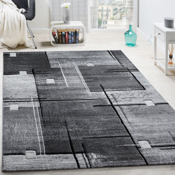 PACO HOME Tappeto Moderno con Bordo a Quadri in Grigio e Nero Mélange