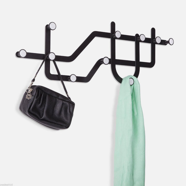 Umbra Flip Hook 5: Appendiabiti Da Muro Orizzontale In Legno Laccato Nero Con 5 Ganci Estraibili