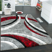 PACO HOME Tappeto di Design Righe Grigio Nero Rosso Screziato